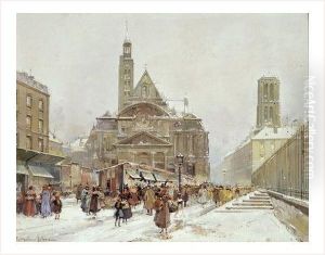 Paris, Eglise Saint Laurent Sous La Neige by Eugene Galien-Laloue