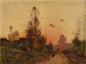 Personnage Sur Un Chemin Au Soleil Couchant by Eugene Galien-Laloue