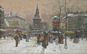 A View Of The Place Clichy In Winter by Eugene Galien-Laloue