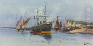 Zweimaster Vor Anker Und Segelschiffe.