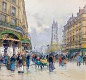 Vue De La Rue De Rivoli Avec La Tour St Jacques Paris by Eugene Galien-Laloue