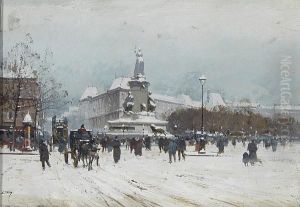 A View Of The Place De La Republique In Winter by Eugene Galien-Laloue