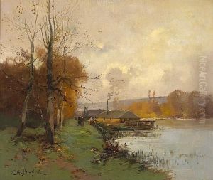 A River Scene With Bateaux Lavoirs And Figures On The Bank by Eugene Galien-Laloue