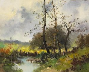 A Pastoral Landscape With A Peasant Woman By A Stream by Eugene Galien-Laloue