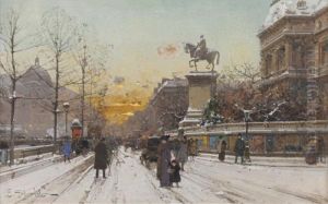 A Sunset In The Snow- Les Quais De L'hotel De Ville by Eugene Galien-Laloue