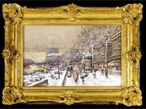 Notre Dame Et Le Pont Des Tournelles by Eugene Galien-Laloue