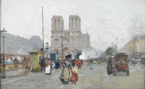 Promenade Sur Les Quais Devant Notre Dame by Eugene Galien-Laloue