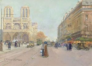 Walking By Notre Dame, Paris by Eugene Galien-Laloue