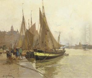 A Bustling Quayside, France by Eugene Galien-Laloue