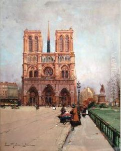 Ecole Francaise - Devant Notre Dame by Eugene Galien-Laloue