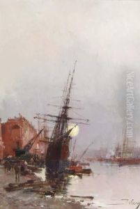 Moonlit Harbor by Eugene Galien-Laloue