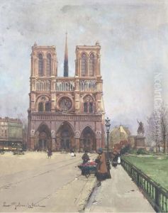 The Flower Lady At Notre-dame, Paris by Eugene Galien-Laloue