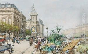 Flower Market On The Seine by Eugene Galien-Laloue