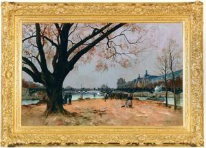 Le Louvre Et Le Pont Des Arts Vus Du Square Duvert Galand by Eugene Galien-Laloue