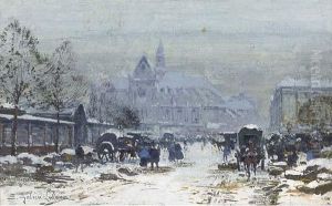 Les Halles Aux Fleurs, Paris by Eugene Galien-Laloue