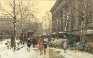 Marche Aux Fleurs A La Madeleine En Hiver by Eugene Galien-Laloue