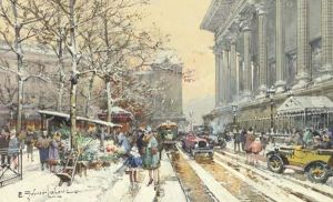 Flower Market By The Madeleine, Paris by Eugene Galien-Laloue