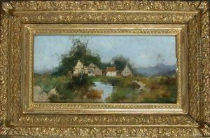Country Cottages By A Stream by Eugene Galien-Laloue