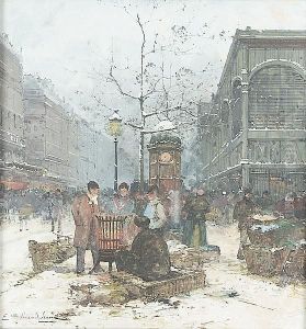 "a Parisian Winter Night", Gouache by Eugene Galien-Laloue