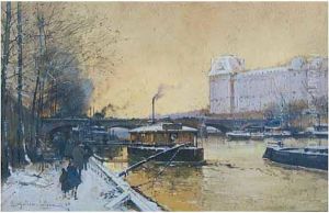 Le Pont Royal Et Le Louvre by Eugene Galien-Laloue