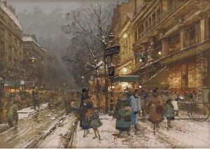 A Parisian Street Scene by Eugene Galien-Laloue