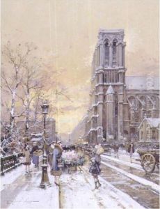A View Of Notre Dame On A Snowy Day by Eugene Galien-Laloue