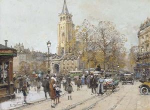 A Busy Paris Street With The Church Of St. Michael Beyond by Eugene Galien-Laloue