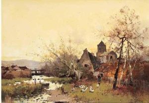 < Village En Bord De Riviere >. by Eugene Galien-Laloue