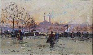 Promeneurs Sur Les Bords De La Seine by Eugene Galien-Laloue