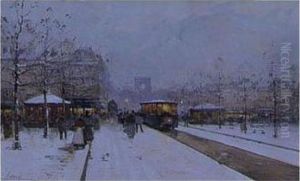 La Fete De Neuilly And Paris In The Snow, Porte Maillot: A Pair by Eugene Galien-Laloue