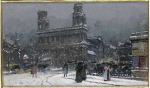 Hiver A Paris : Eglise Saint-sulpice Sous La Neige by Eugene Galien-Laloue