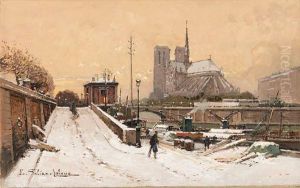 Barges In Winter On The Seine With A View Of Notre Dame In Thedistance by Eugene Galien-Laloue