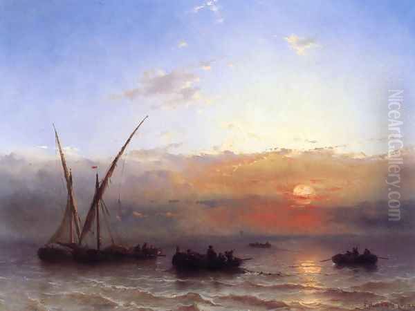 Fishing Boats at Sunset by Edward Moran