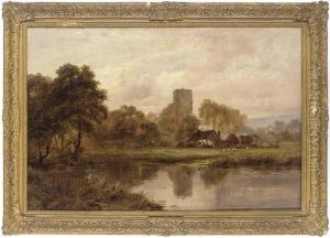 A Peaceful River View With A Farm And Church Beyond by Robert Gallon