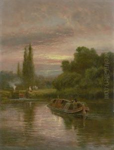 Flusslauf Mit Schleuse In Abenddammerung