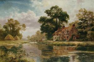 A River Landscape With Figures Before A Cottage by Robert Gallon