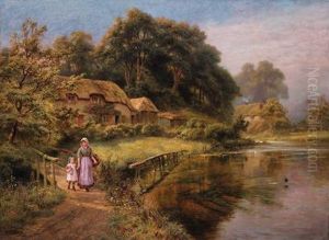 A Woman And Child Crossing A Bridge By A Lake A Woman And Child Crossing A Bridge By A Lake