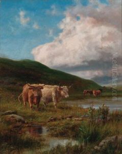 Cattle Watering In A Highland Landscape by Robert Gallon