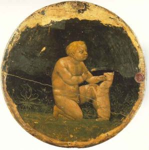 Putto and a Small Dog (back side of the Berlin Tondo) 1427-28 by Masaccio (Tommaso di Giovanni)