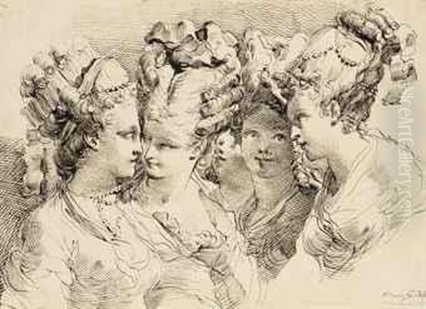The Heads Of Five Young Women With Elaborate Coiffures - view 1