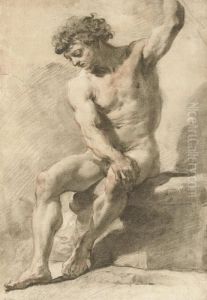 A Seated Academic Male Nude, His Left Arm Raised by Gaetano Gandolfi