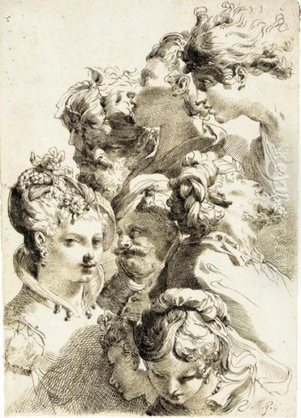Sheet Of Studies Of Heads With Elaborate Hair Styles - view 1