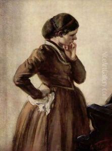 Emilie Menzel standing at the piano by Adolph von Menzel