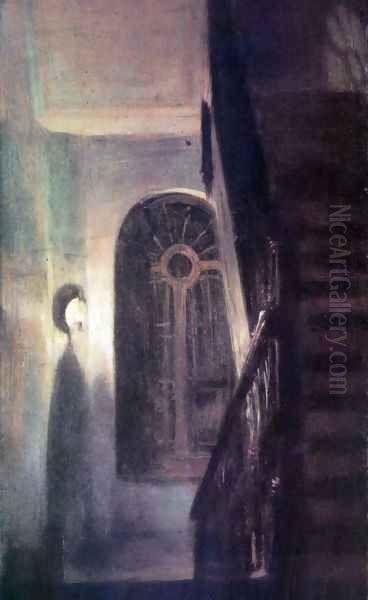 Stair hall lighting at night - view 1