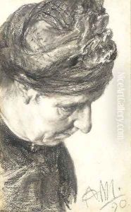 Head of an woman looking down to the right by Adolph von Menzel