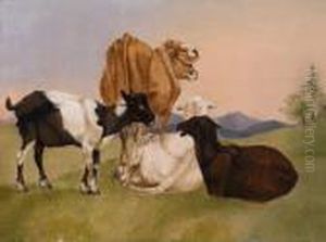 Idyllic Landscape With Cow And Goats Idyllic Landscape With Cow And Goats