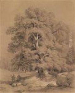 Aclearing In The Forest With A Big Tree And Two Hunters by Friedrich Gauermann