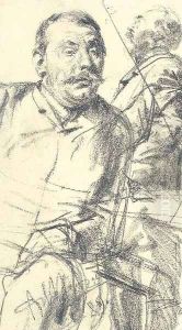 A seated man looking down to the right, a bearded figure seen in profile beyond by Adolph von Menzel