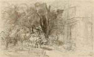 Hirtenfamilie Mit Tieren An Einer Tranke by Friedrich Gauermann