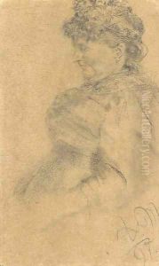 An old woman seated in profile to the left, three-quarter-length, wearing a hat by Adolph von Menzel